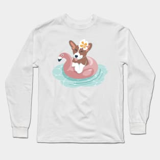 Summer pool pawty // aqua background welsh corgi dog breed in vacation playing on swimming pool Long Sleeve T-Shirt